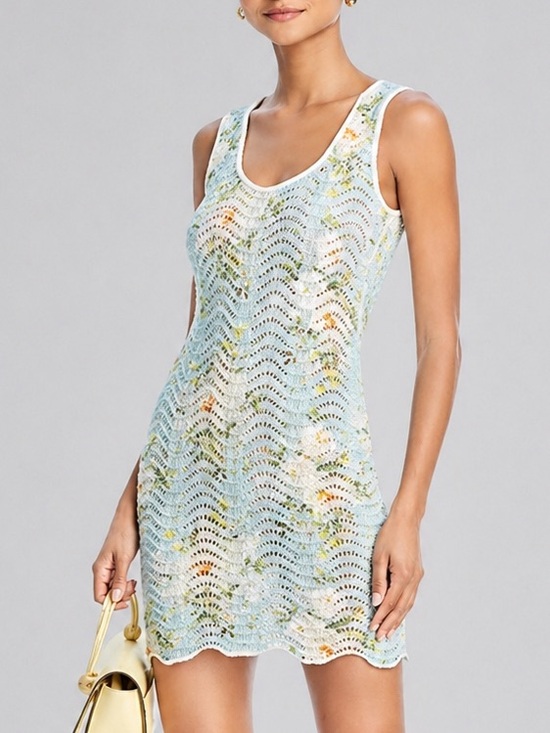 Aqua Other - 🆕🦋☘️ AQUA Floral Knit Dress M Ivory Blue Textured Crochet Midi Bloomingdale’s